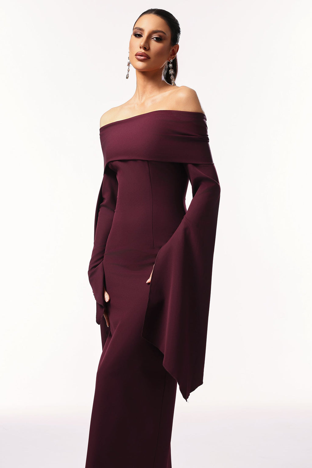 Sarah Burgundy Off-Shoulder Flare Sleeve Formal Dress