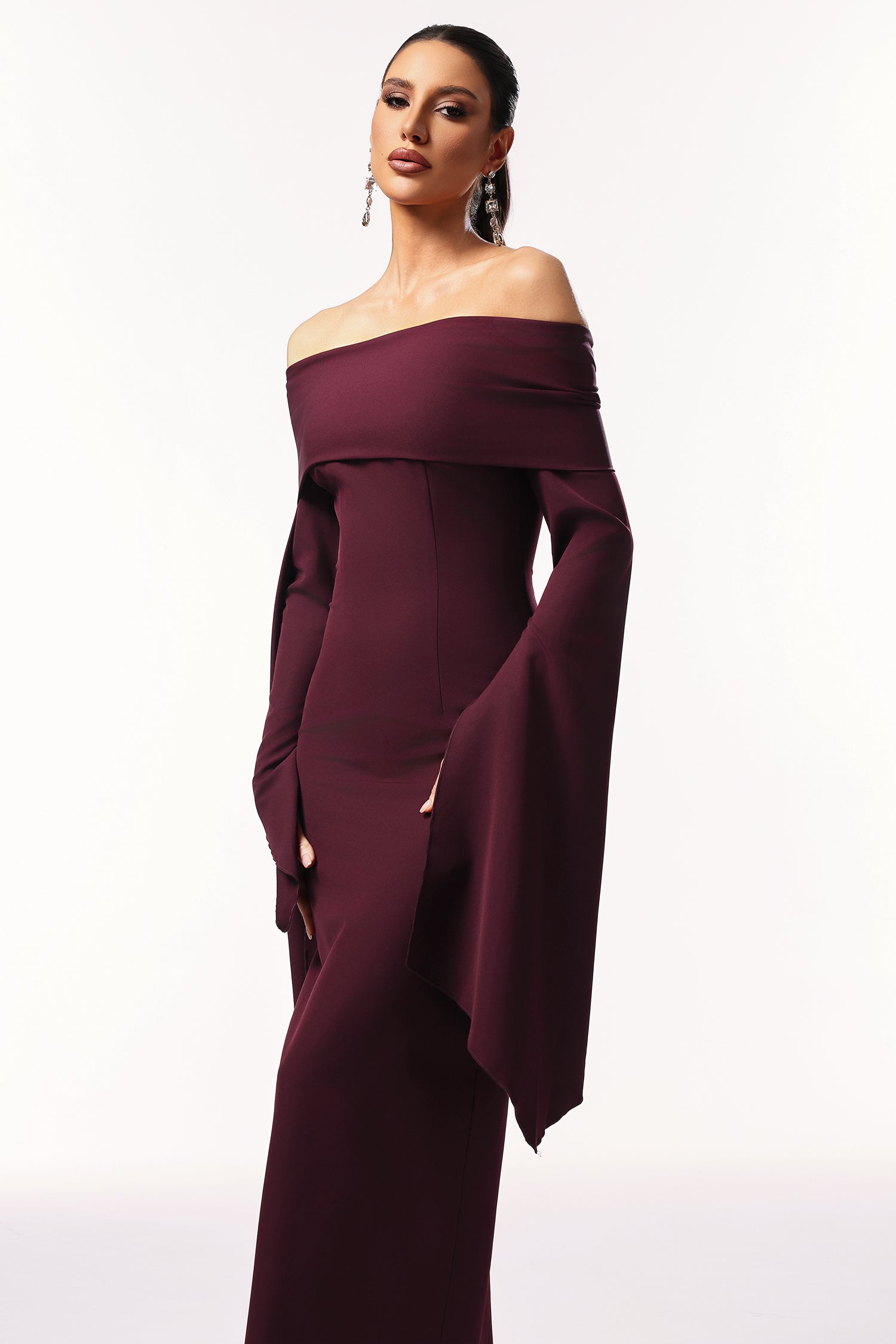 Sarah Burgundy Off-Shoulder Flare Sleeve Formal Dress