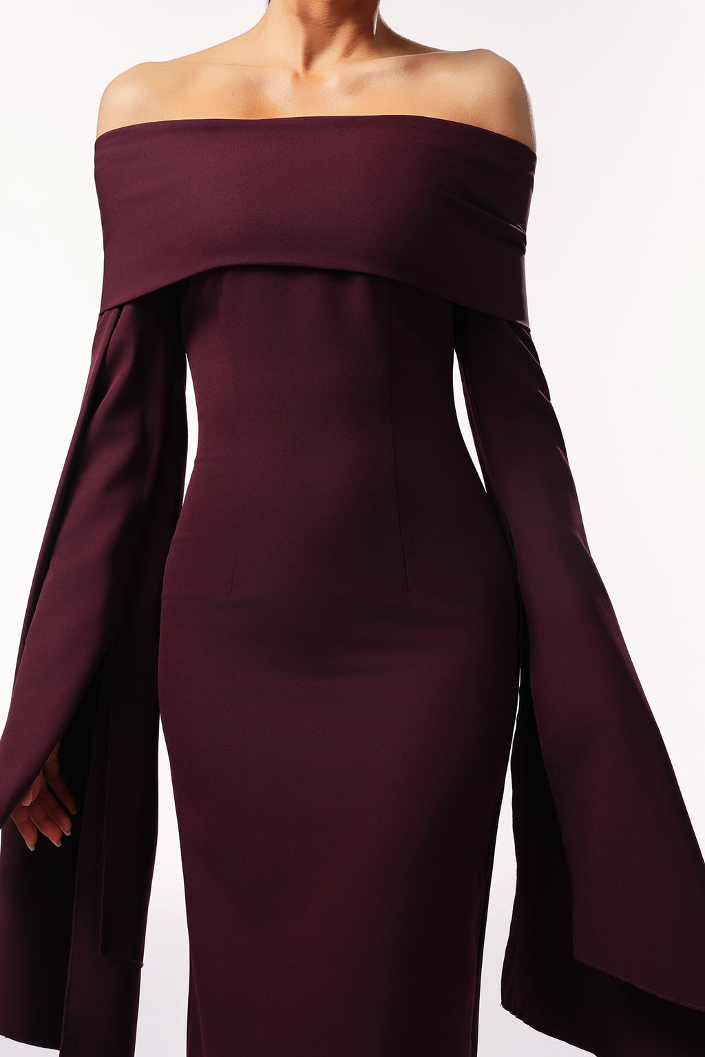 Sarah Burgundy Off-The-Shoulder Flare Sleeve Formal Dress