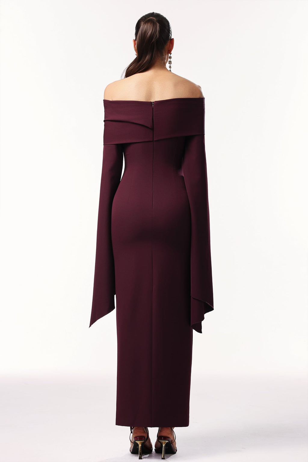 Sarah Burgundy Off-the-Shoulder Flare Sleeve Formal Dress