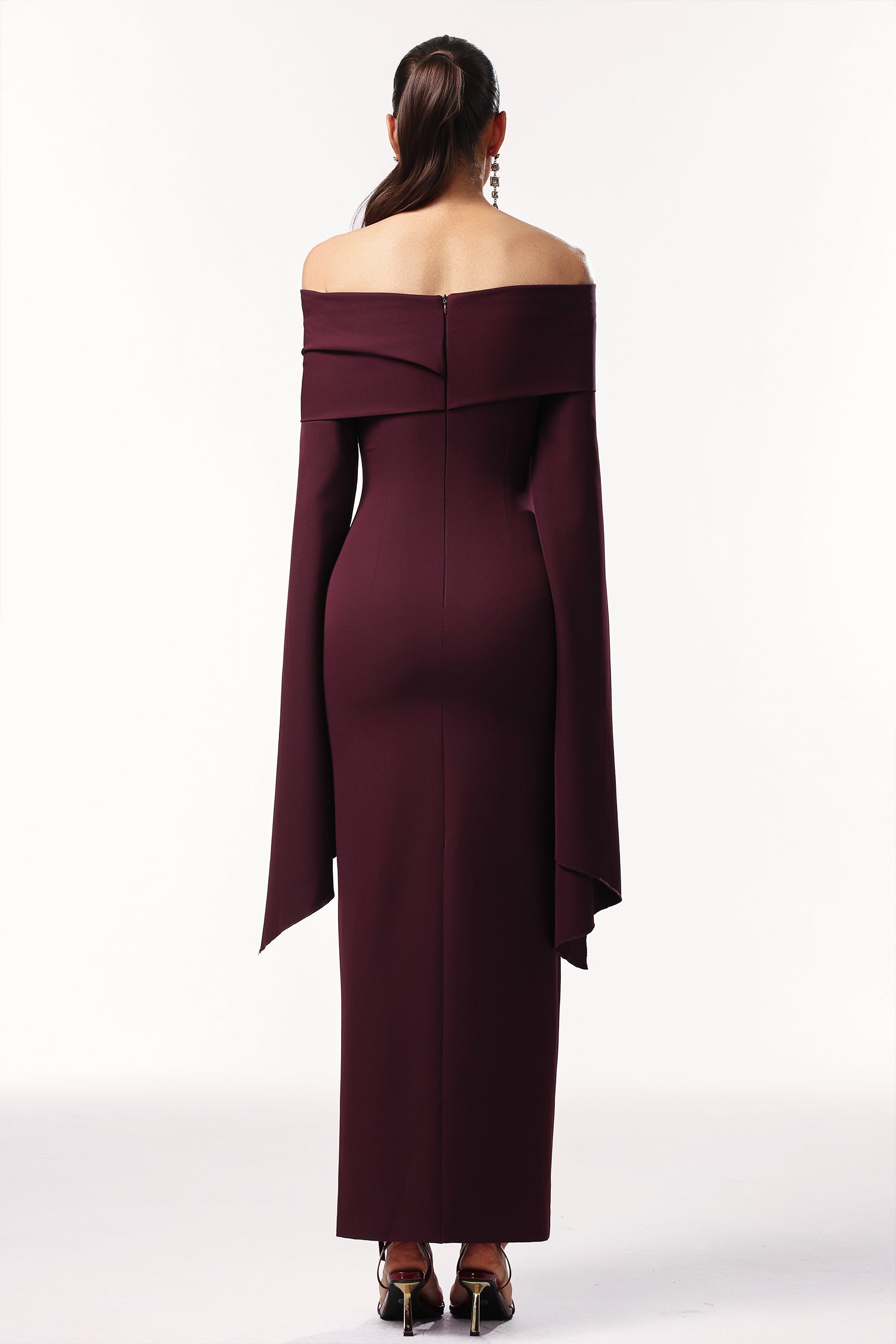 Sarah Burgundy Off-the-Shoulder Flare Sleeve Formal Dress