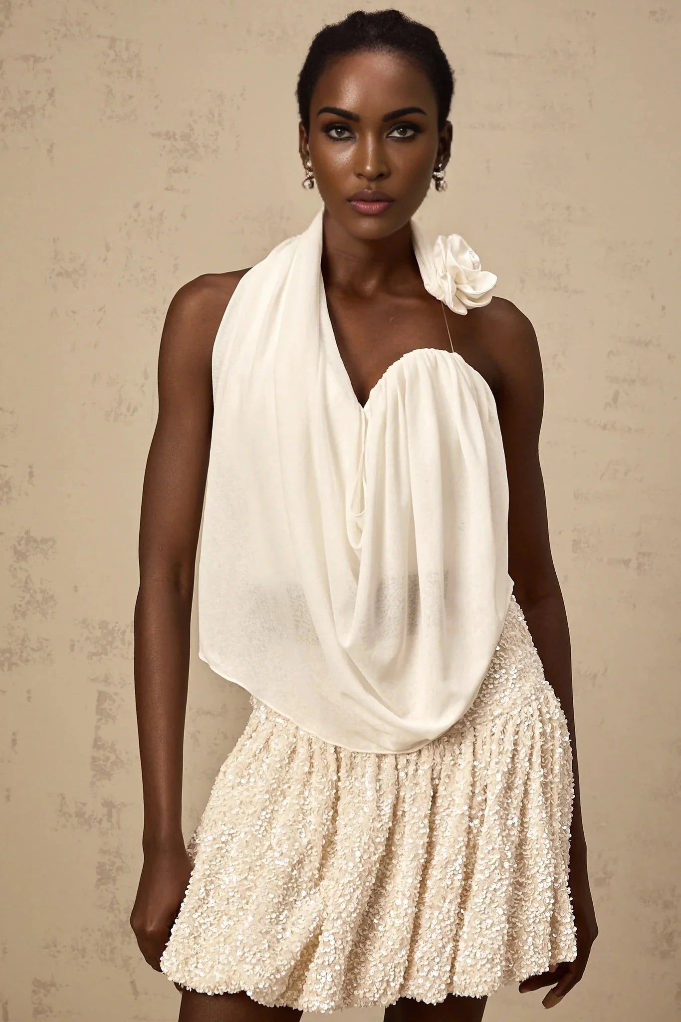 Sarah Top White Floral - Appliqu Halter - neck