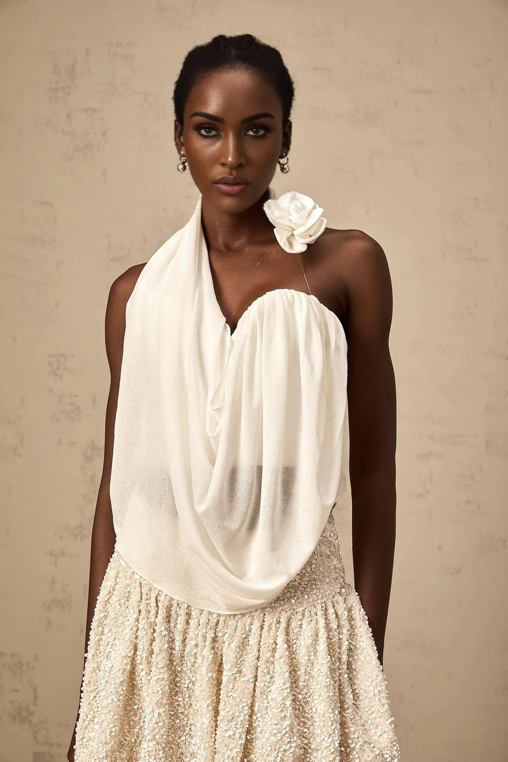 Sarah Top White Floral - Appliqu Halter - neck