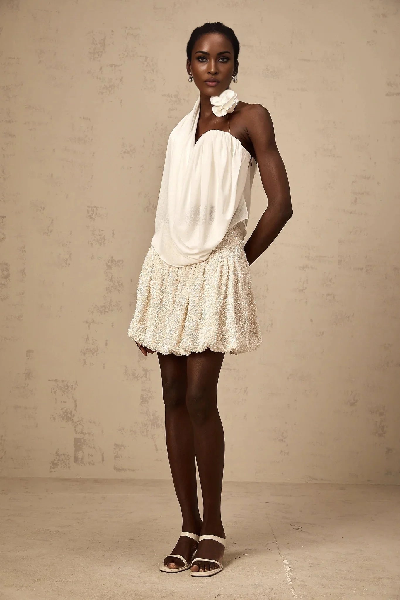 Sarah Top White Floral - Appliqu Halter - neck