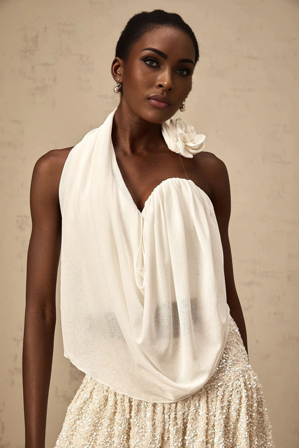 Sarah Top White Floral - Appliqu Halter - neck