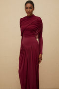 Sarai Maxi Dress - Red - Crew Neck - Long Sleeves - Mesh Shawl