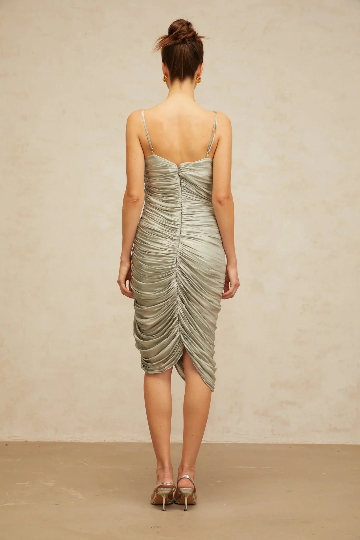 Sarai Midi Dress Grayish - Green Glossy Ruched & Asymmetrical Hem