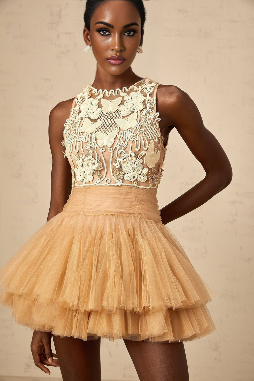 Sarai Mini Dress Sarai Tiered Crystal Lace White Khaki Dress