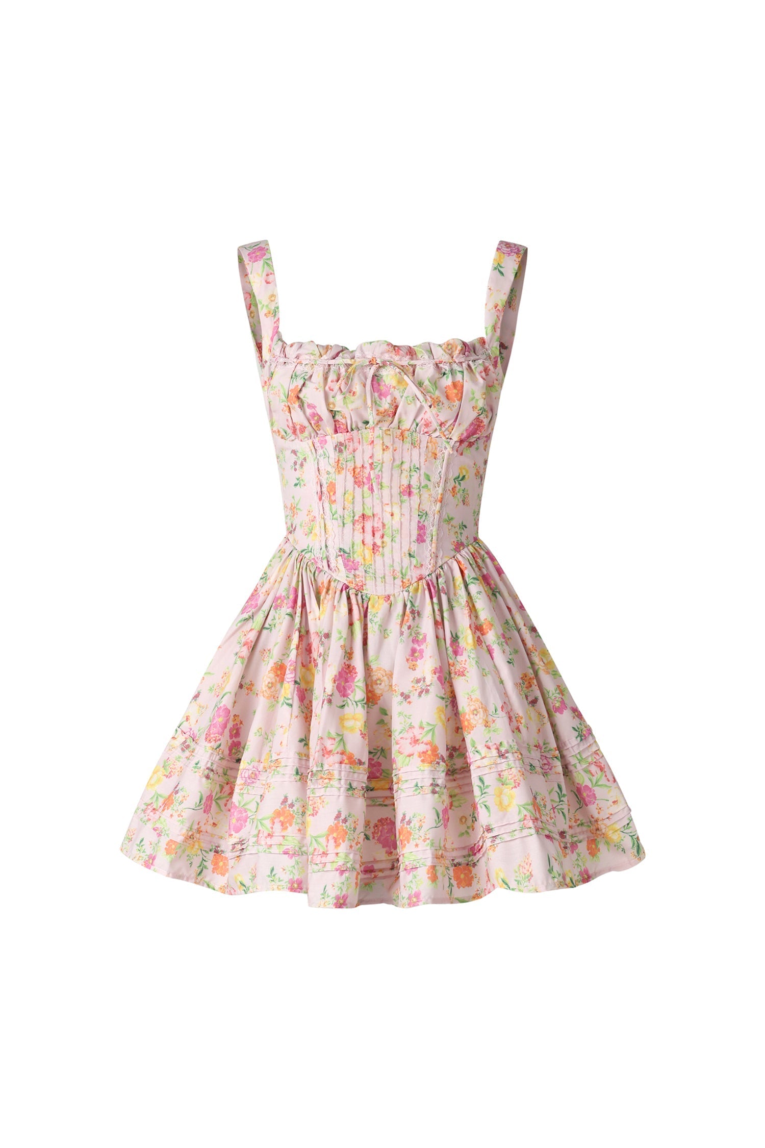 Sarai Pink Floral Mini Dress Square Neckline Cinched Waist Ruffled Skirt Pleats Drawstring
