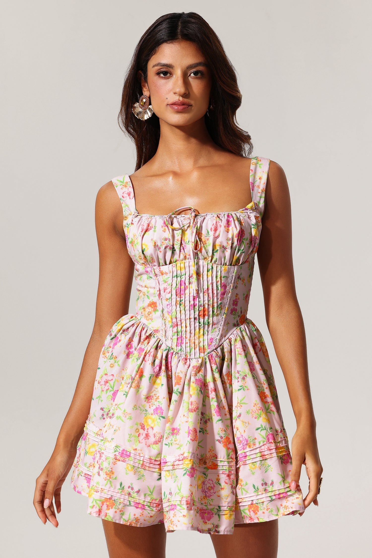Sarai Pink Floral Print Mini Dress Square Neckline Cinched Waist Ruffled Skirt Pleats Drawstring Romantic Vibe