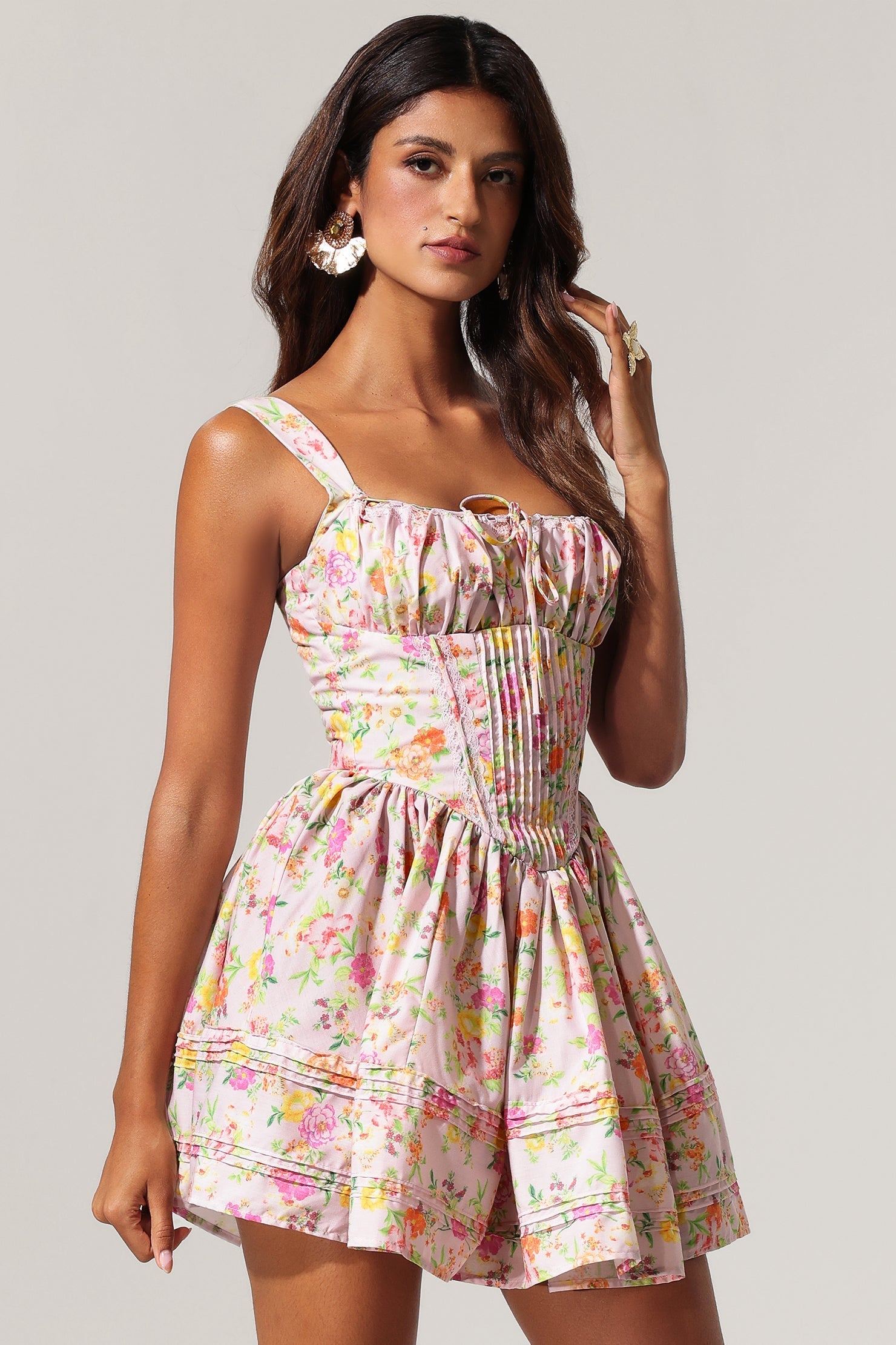 Sarai Pink Floral Print Square Neck Mini Dress