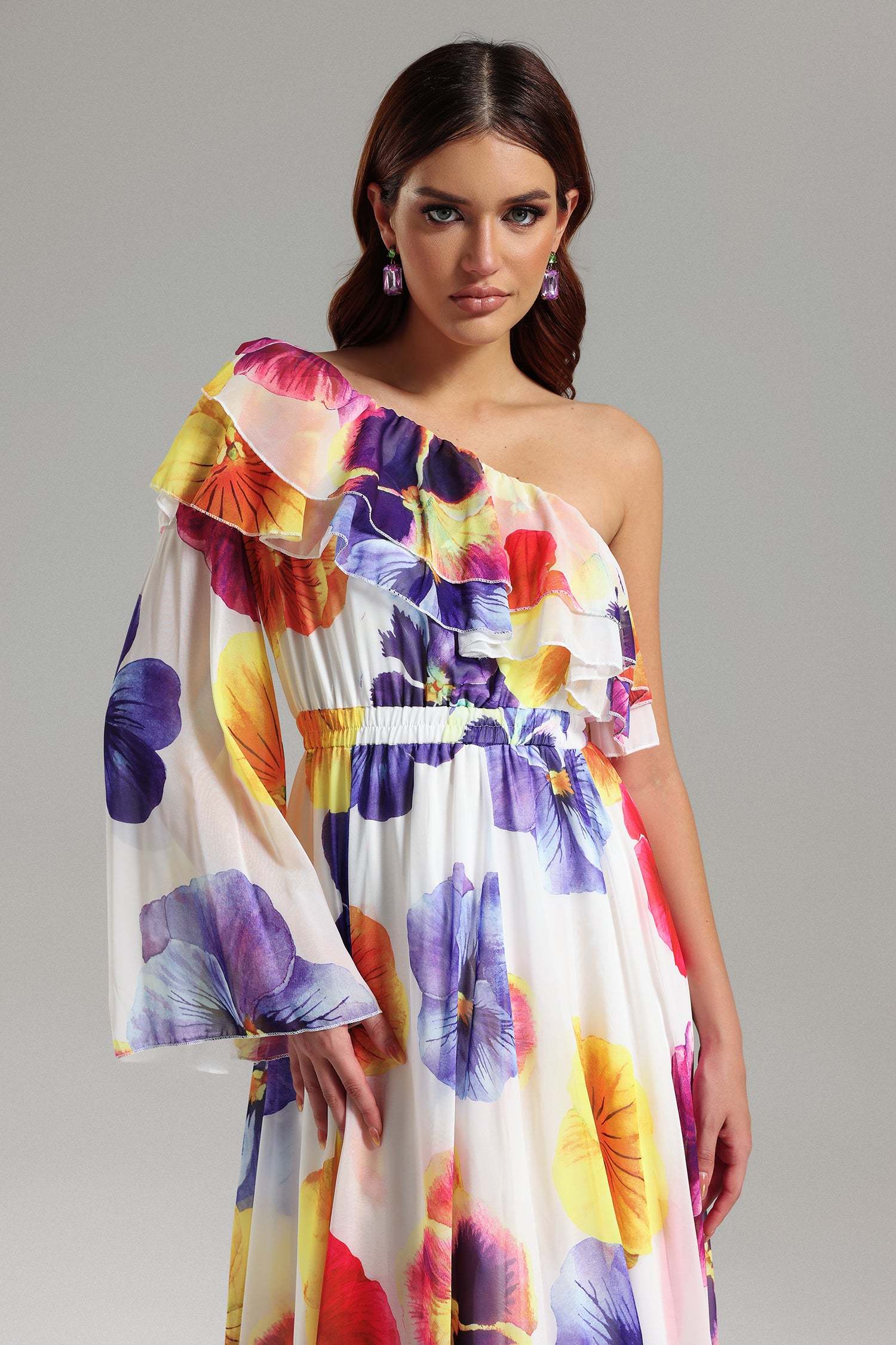 Sarai White Floral Maxi Dress with Ruffled One Shoulder Neckline and Cinched Waist for Women
