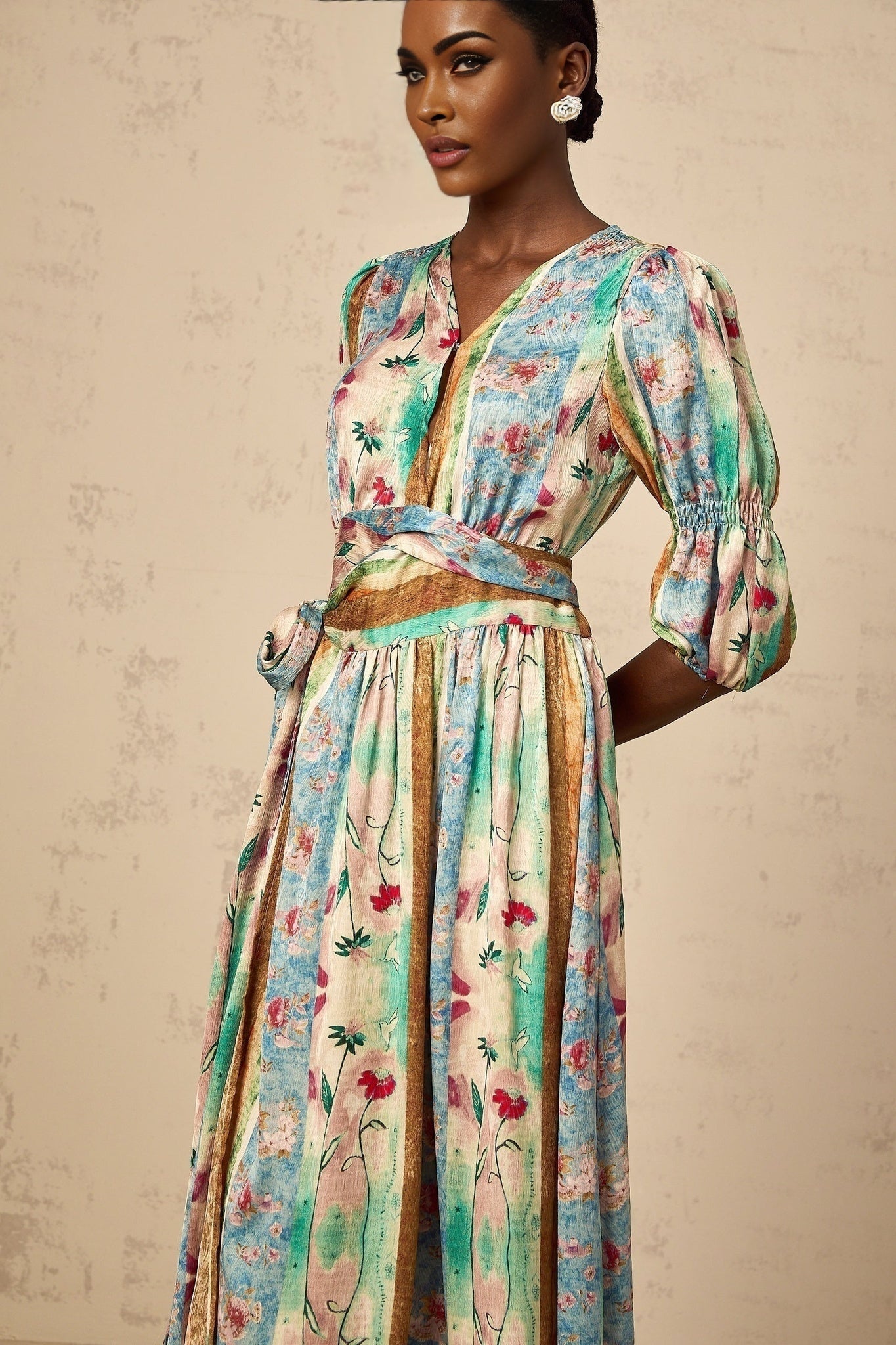 Savanna Floral Midi Dress with V Neck Wrap Design & SelfTie Fastening