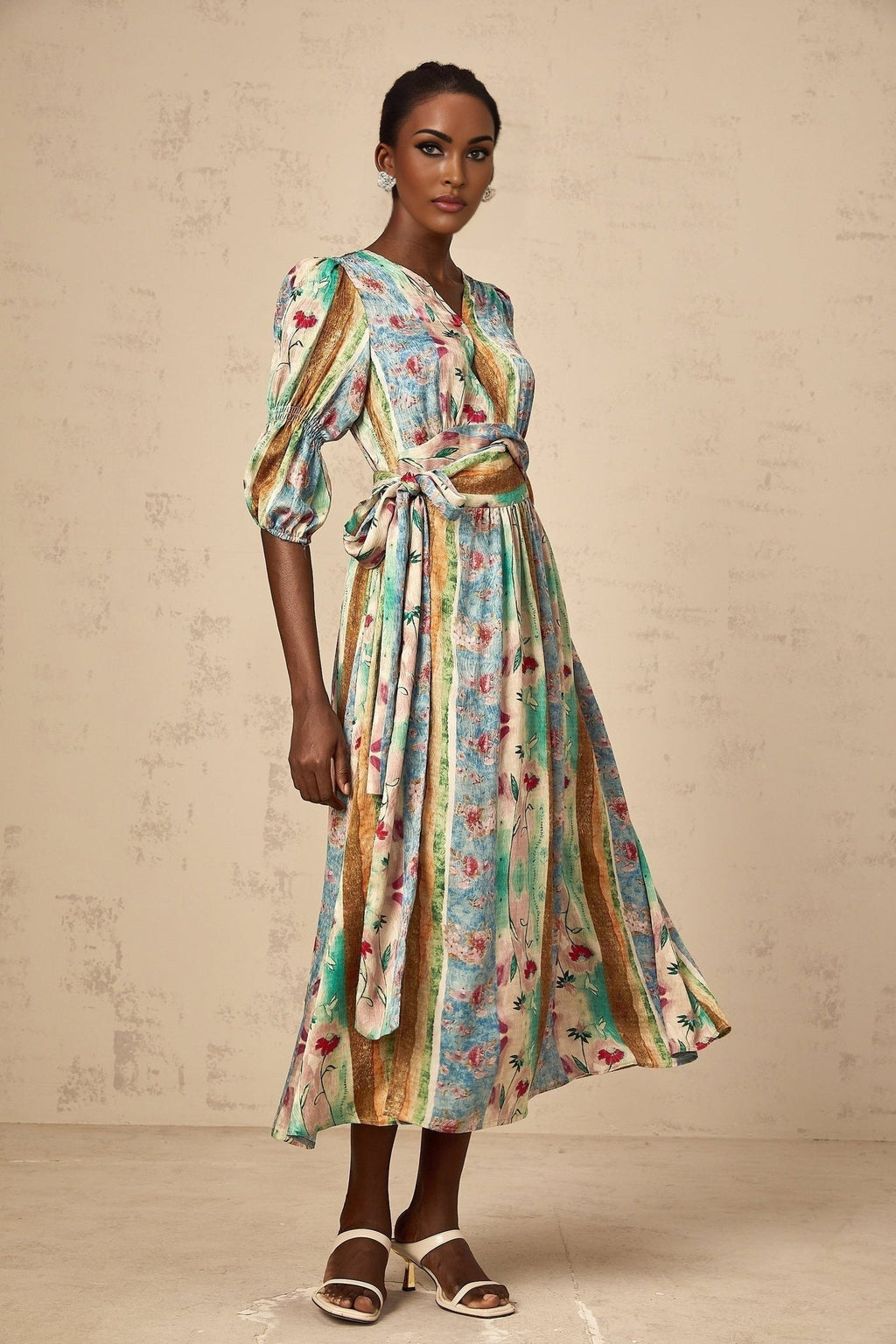 Savanna Floral Midi Dress with V Neck Wrap Design & SelfTie Fastening