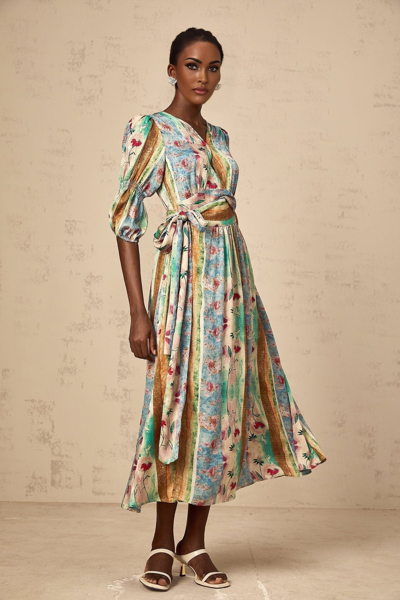 Savanna Floral Midi Dress with V Neck Wrap Design & SelfTie Fastening