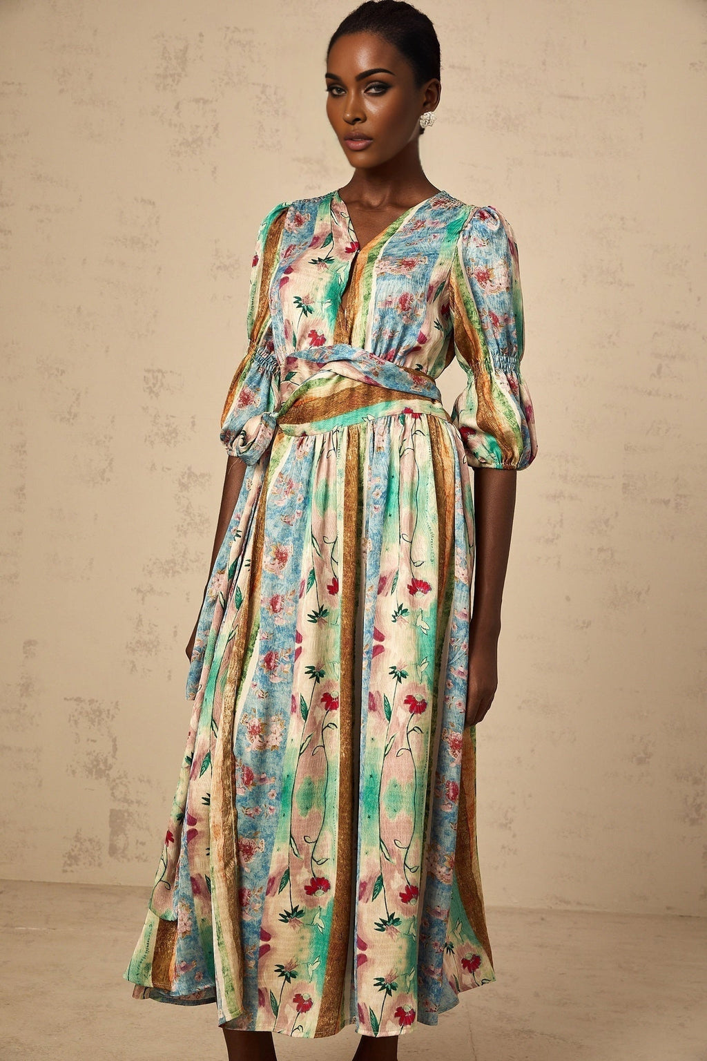 Savanna Floral Midi Dress with V Neck Wrap Design & SelfTie Fastening