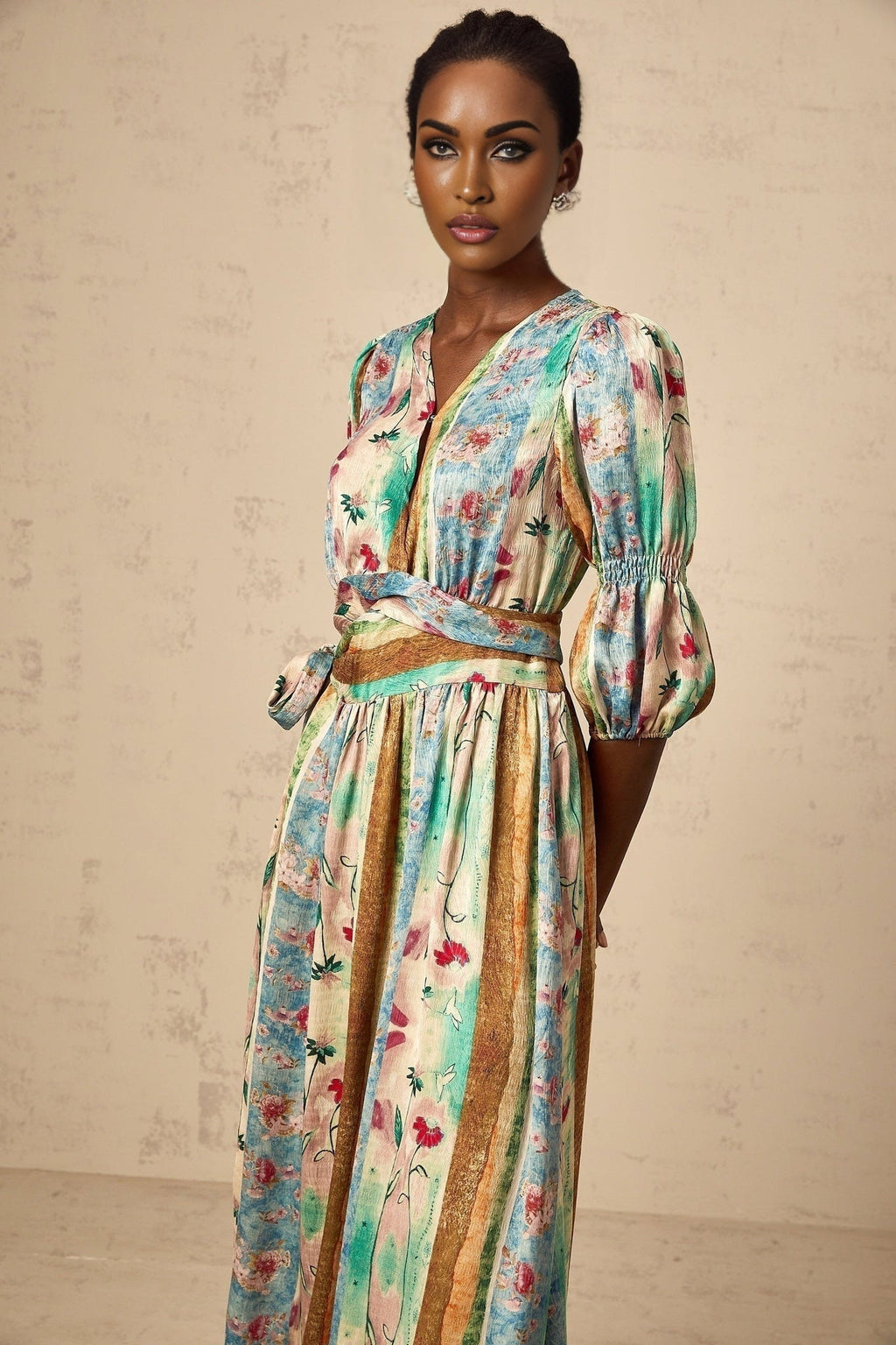 Savanna Floral Midi Dress with V Neck Wrap Design & SelfTie Fastening