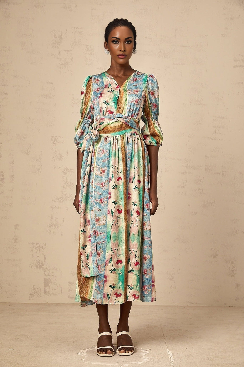 Savanna Floral Midi Dress with V Neck Wrap Design & SelfTie Fastening