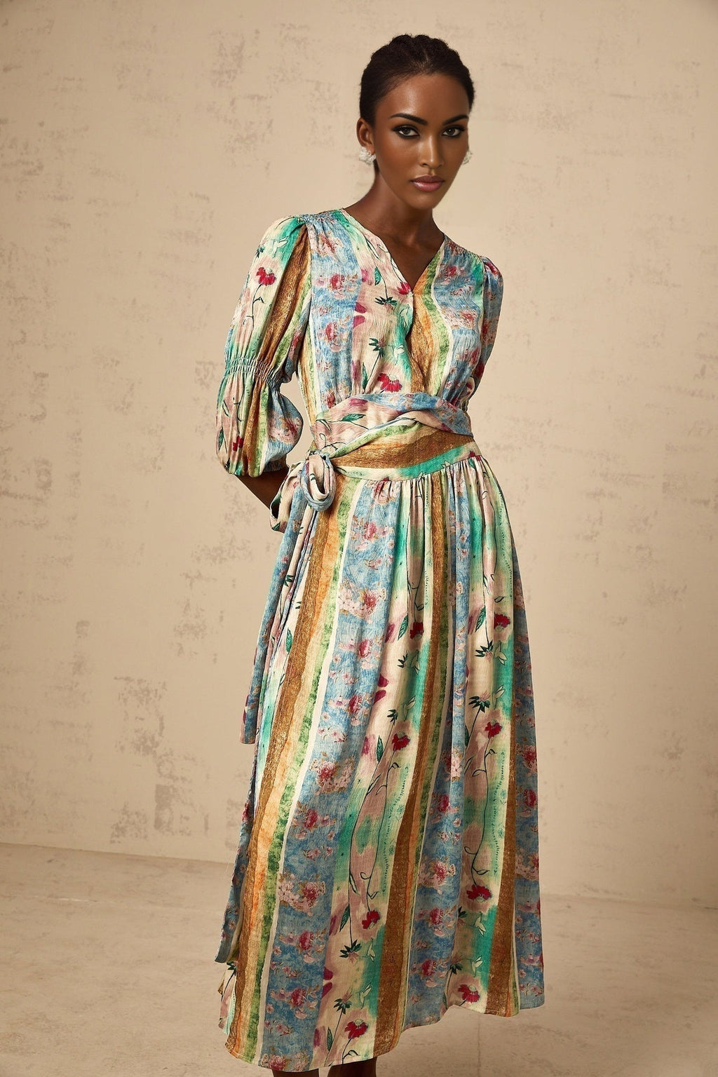 Savanna Floral Midi Dress with V Neck Wrap Design & SelfTie Fastening