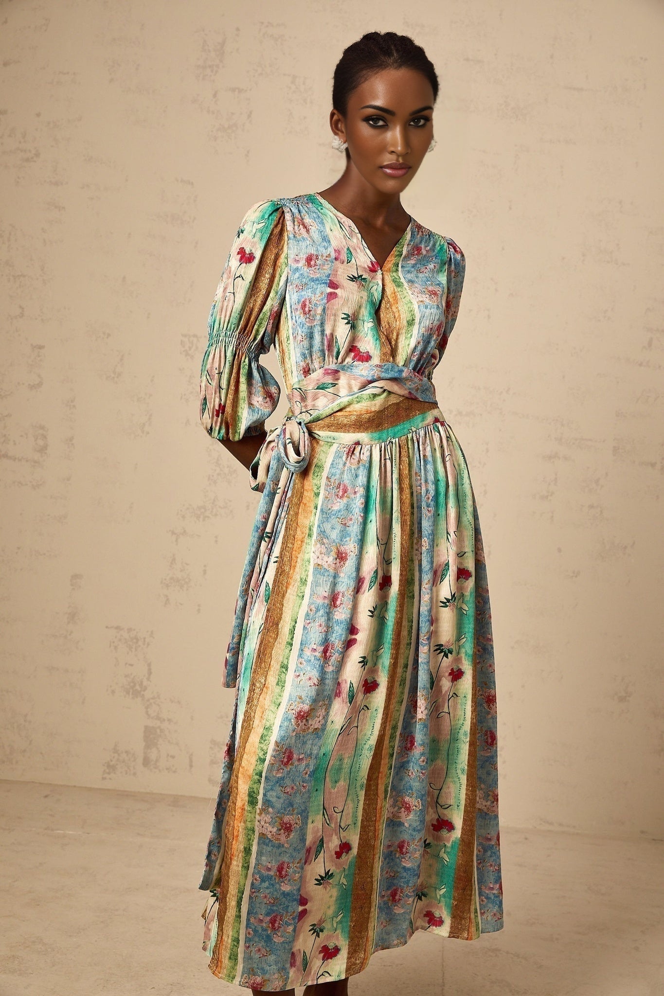 Savanna Floral Midi Dress with V Neck Wrap Design & SelfTie Fastening