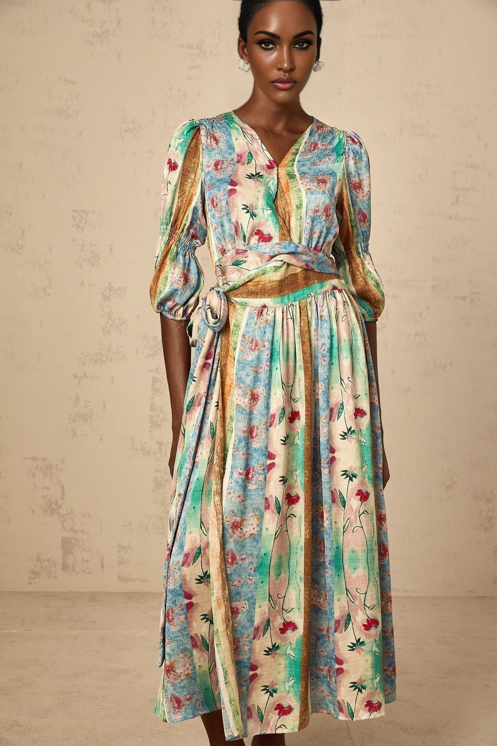 Savanna Floral Midi Dress with V Neck Wrap Design & SelfTie Fastening