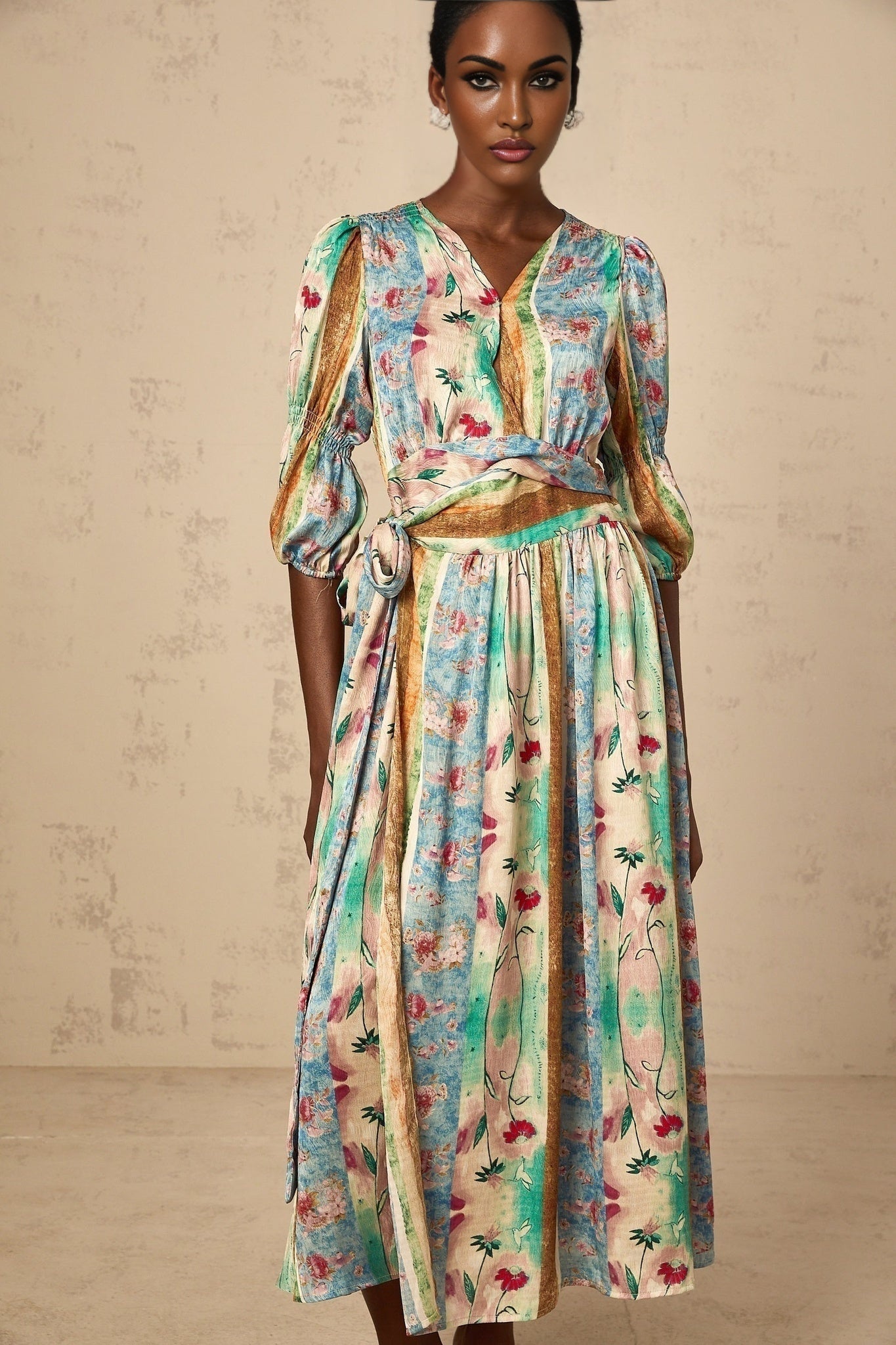 Savanna Floral Midi Dress with V Neck Wrap Design & SelfTie Fastening