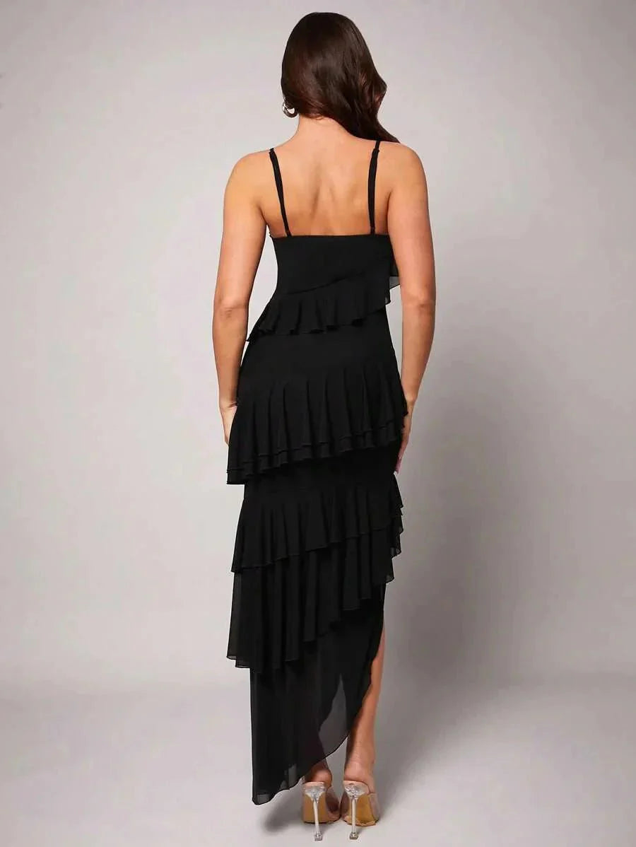 Savanna Maxi Dress - Refined Style - Slim Fit - Sleeveless - High Waist - Asymmetrical, Backless, Ruffle - Medium Stretch - Knitted Fabric