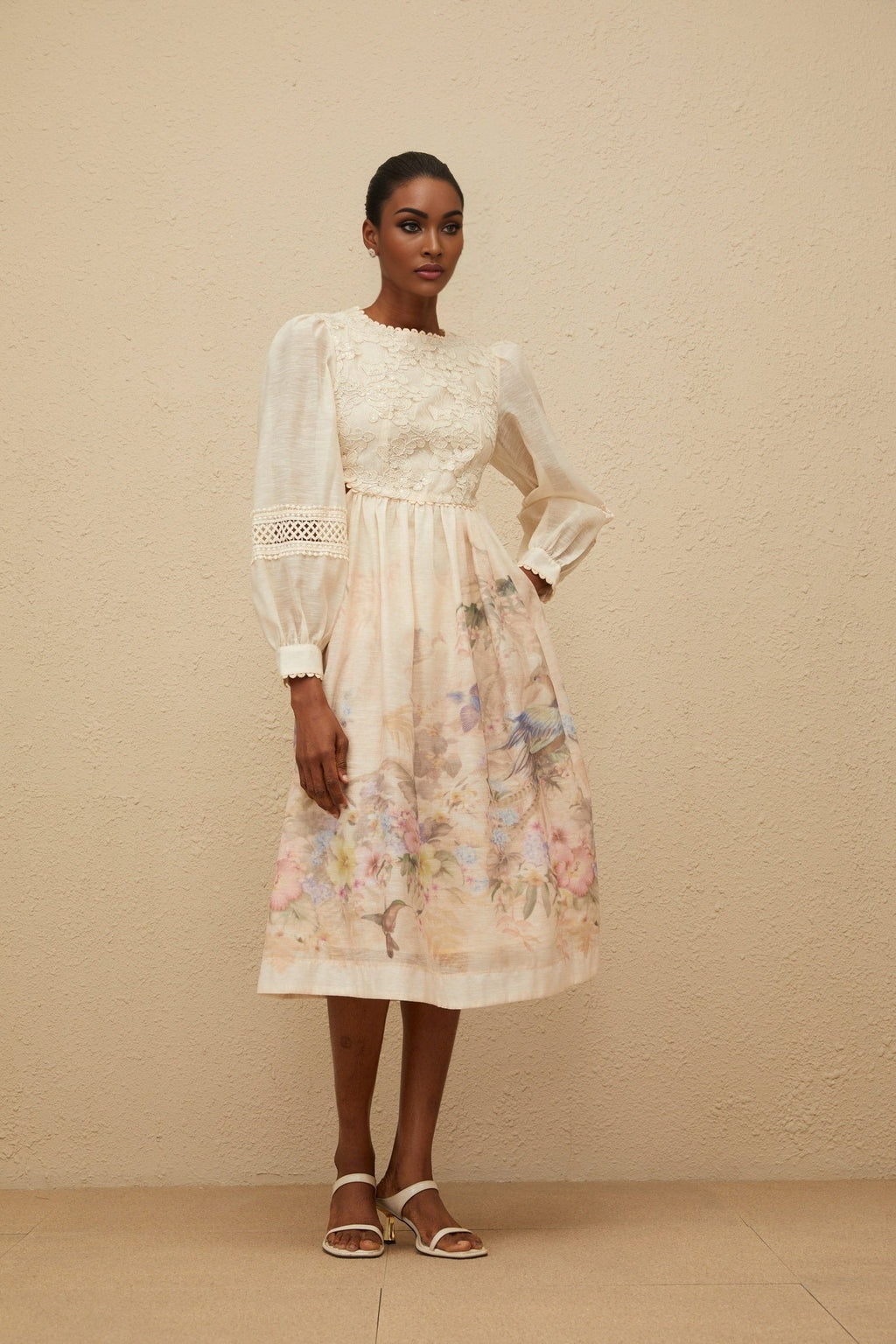 Savanna Midi Dress - Floral Print - Embroidered Detailing - Cut - Out Design - Sequin Accents - Cinched Waist