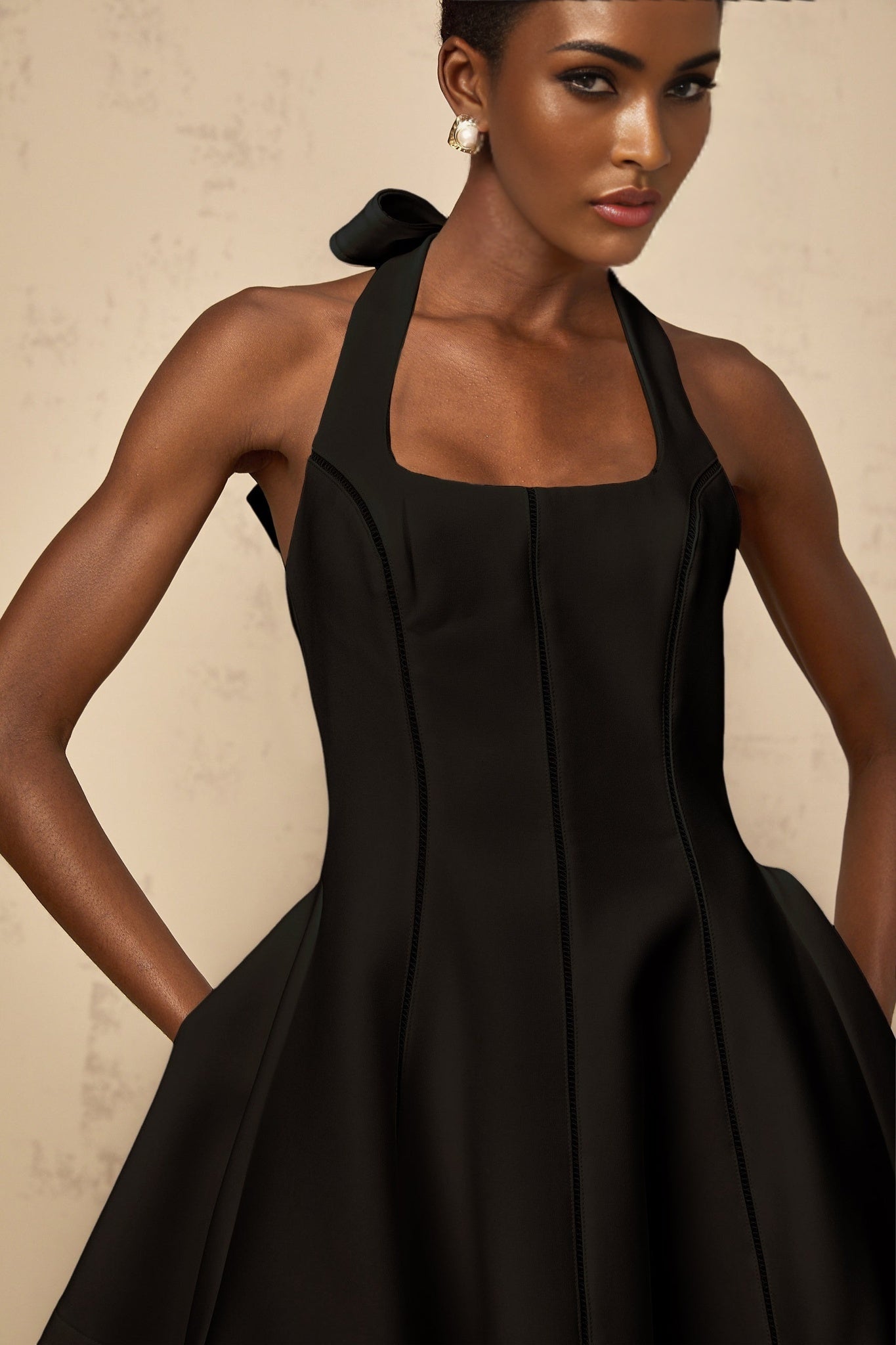 Savanna Mini Dress Black Halterneck Bow Flare