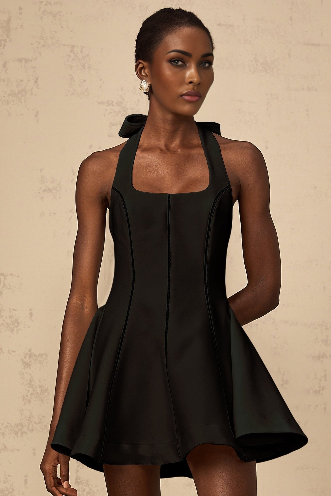 Savanna Mini Dress Black Halterneck Bow Flare