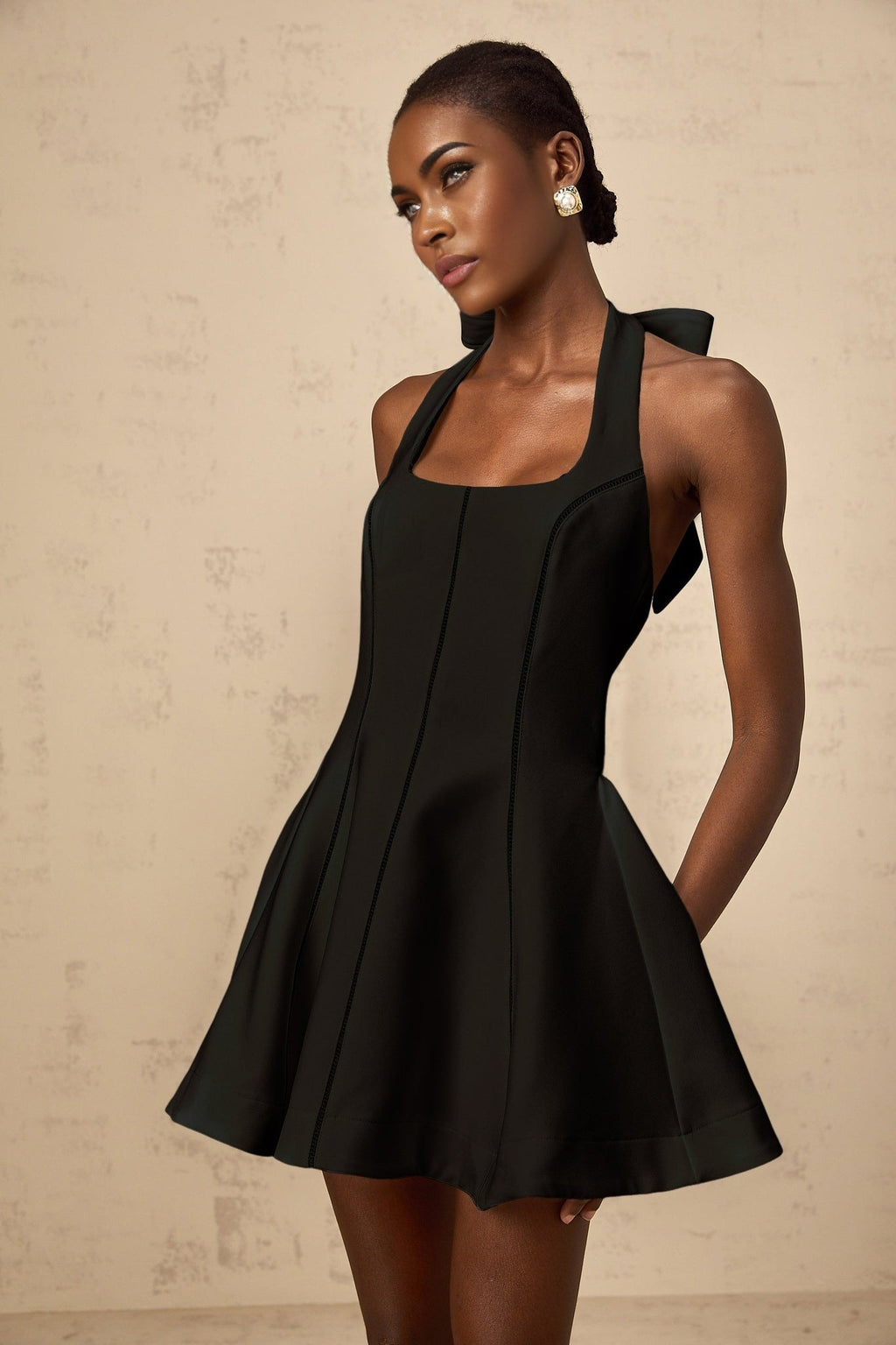 Savanna Mini Dress Black Halterneck Bow Flare