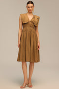 Savannah Brown Midi Dress V-Neckline Waist Detailing Elegant