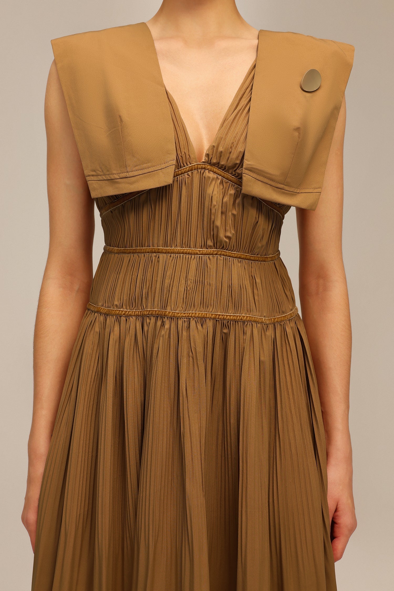 Savannah Brown Midi Dress V-neckline Waist Detailing Elegant Whimsical High Quality Fabric Formal Casual Events Garden Party Wedding Statement Piece