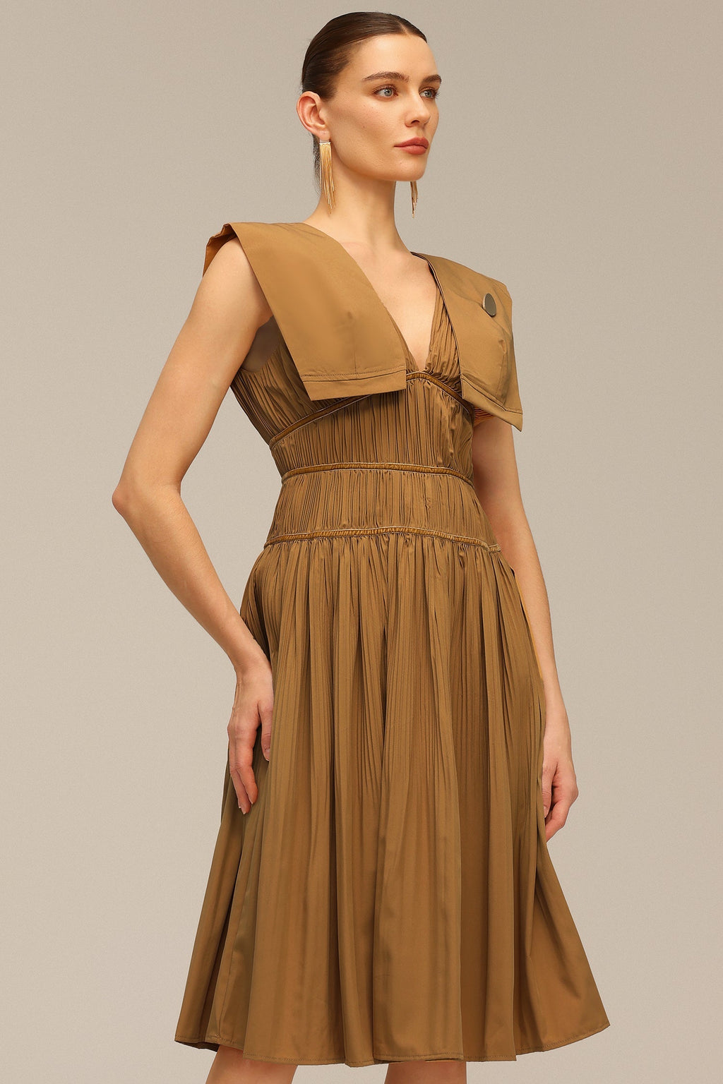 Savannah Brown Midi Dress V-Neckline Waist Detailing Elegant Silhouette High-Quality Fabric Formal Casual Events Garden Party Wedding Day Out