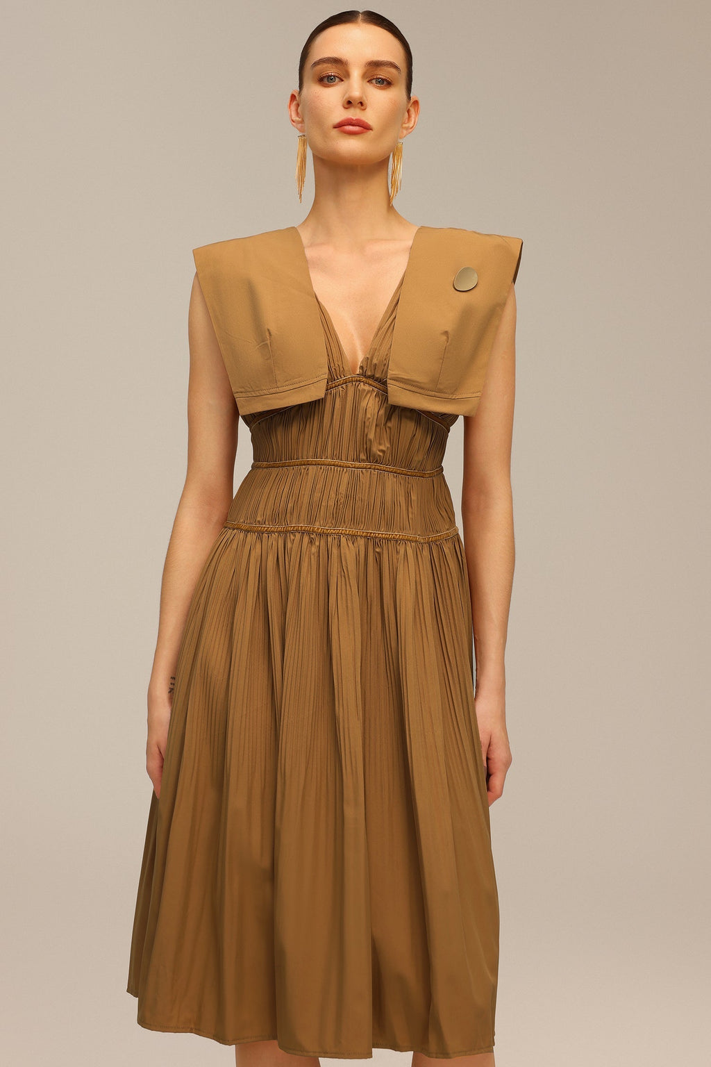 Savannah Brown Midi Dress V-Neckline Waist Detailing Elegant Silhouette