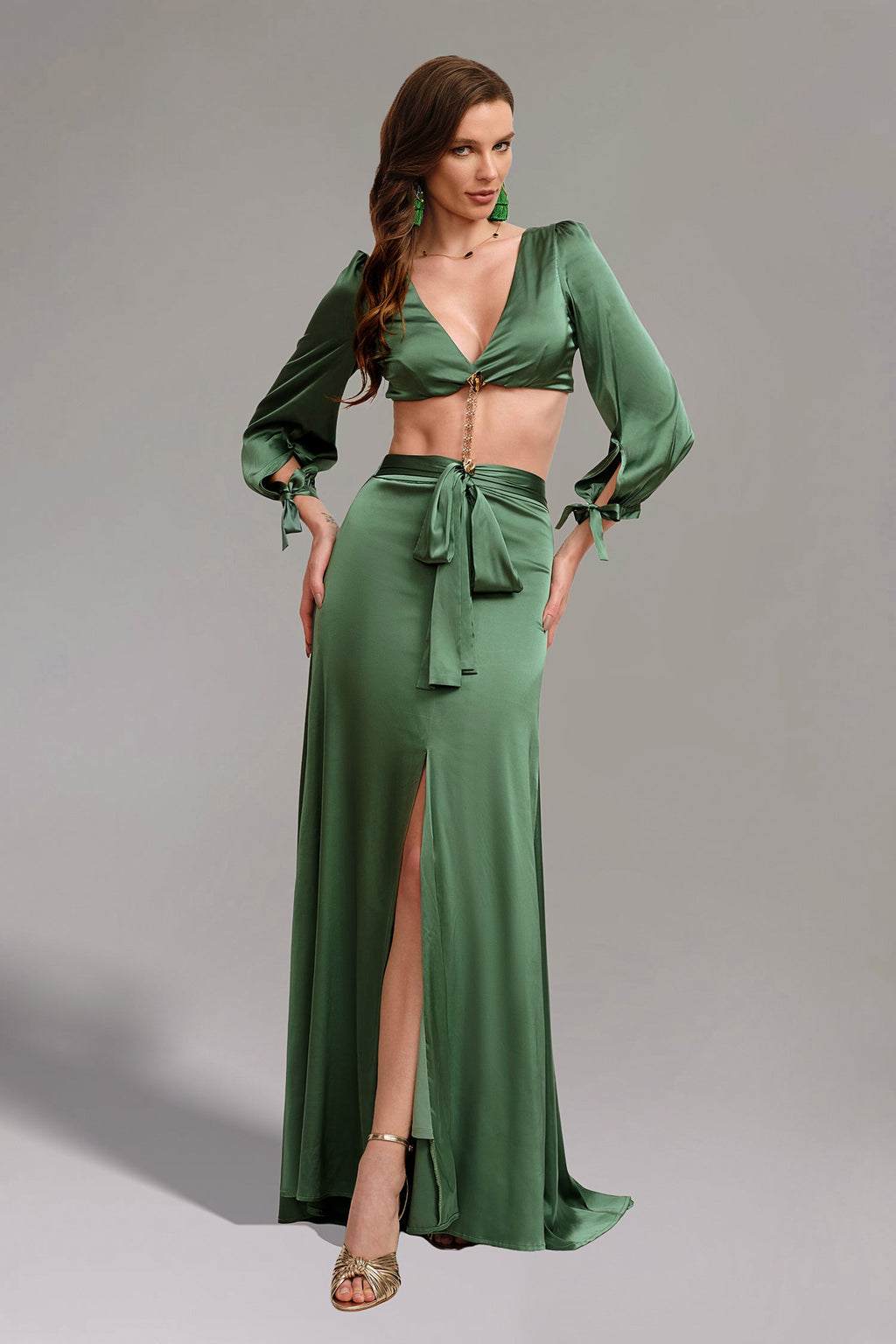 Savannah Green V Neck Long Sleeve High Slit Dress