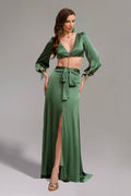 Savannah Green V Neck Long Sleeve High Slit Dress