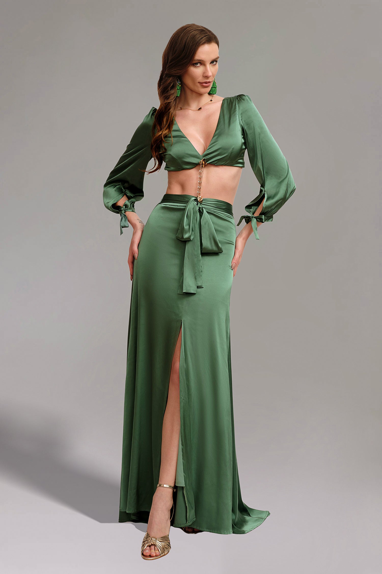 Savannah Green V Neck Long Sleeve High Slit Dress
