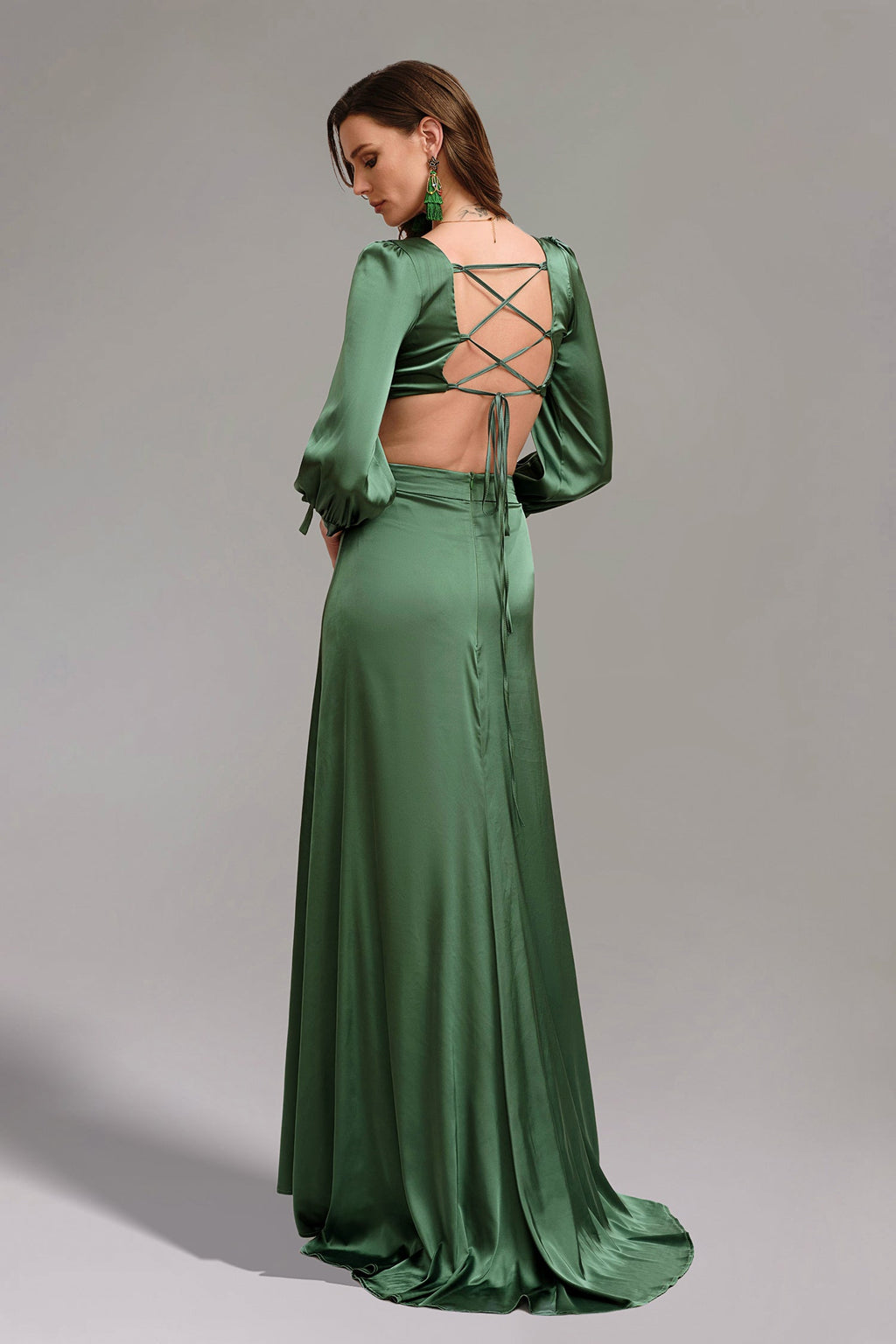 Savannah Green V Neck Long Sleeve High Slit Dress