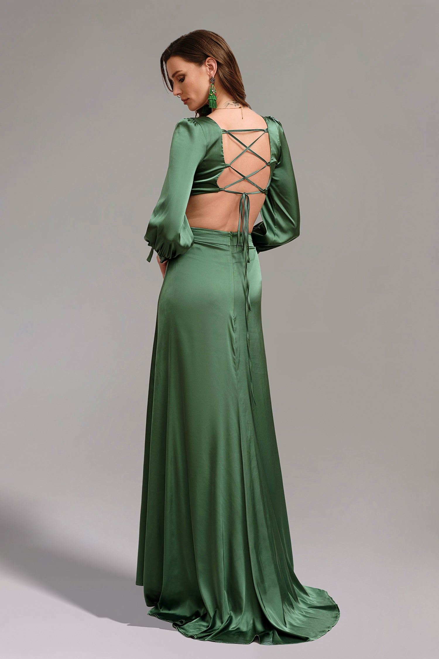 Savannah Green V Neck Long Sleeve High Slit Dress