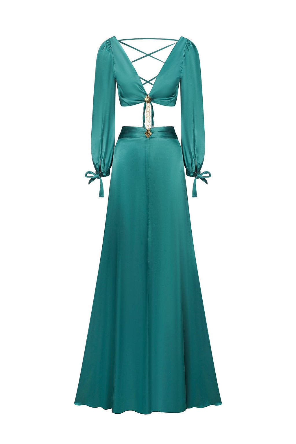 Savannah Green Long Sleeve V Neck Dress with High Slit and Waist Tie