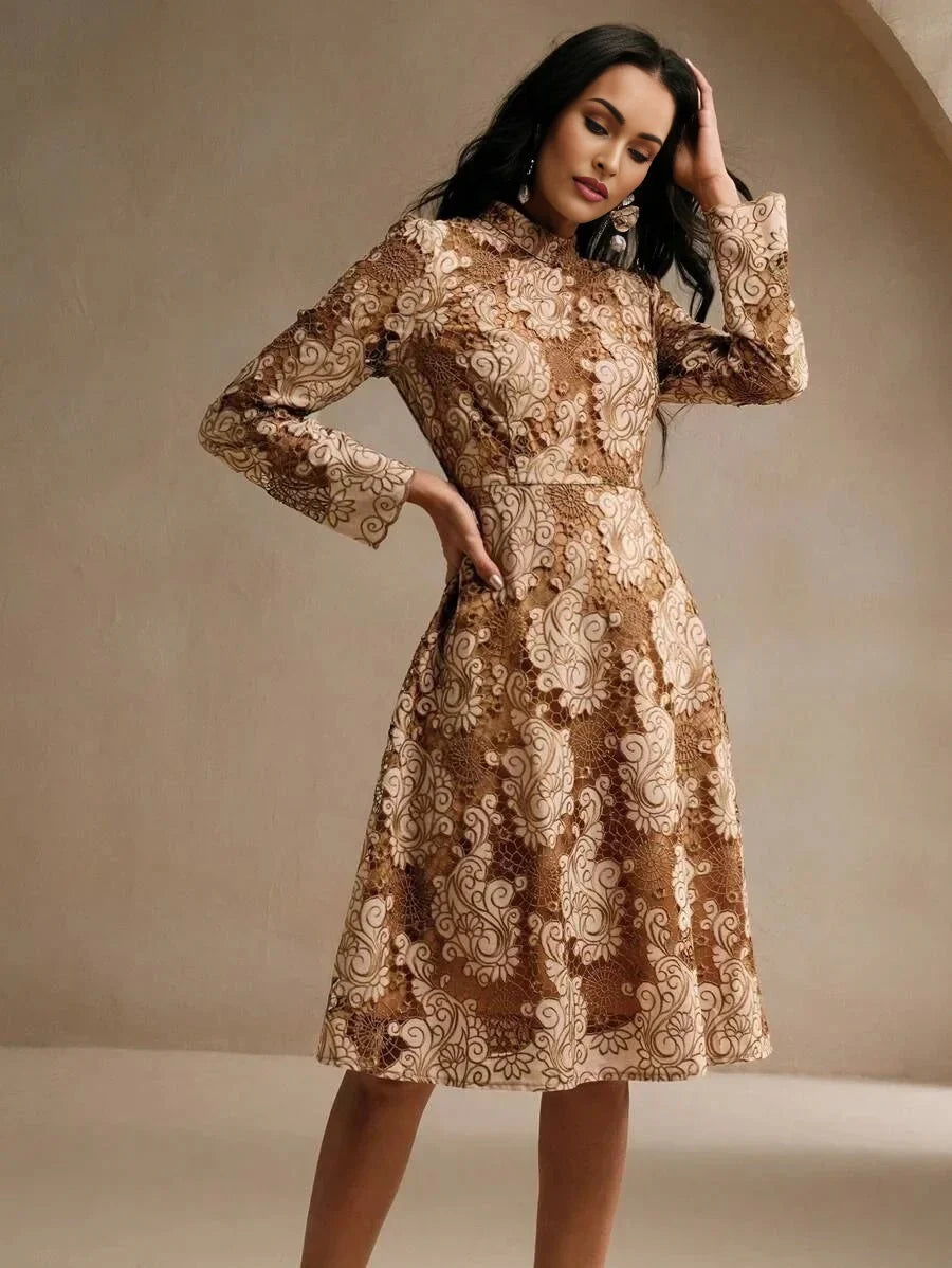 Savannah Midi Dress - Stand Collar - Wedding Occasion - Flared Hem - High Waist - A Line Style