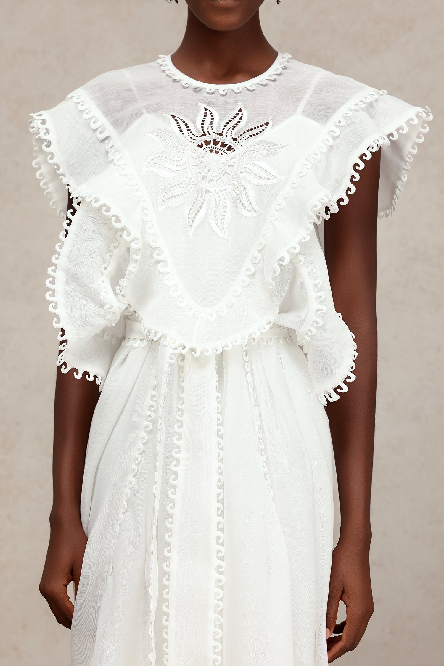 Savannah White Lace Maxi Dress Ruffled Sleeves Belted Lightweight Fabric Summer Beach Wedding