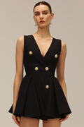 Savina Black Fit and Flare Dress with Dramatic Neckline and Button Detailing