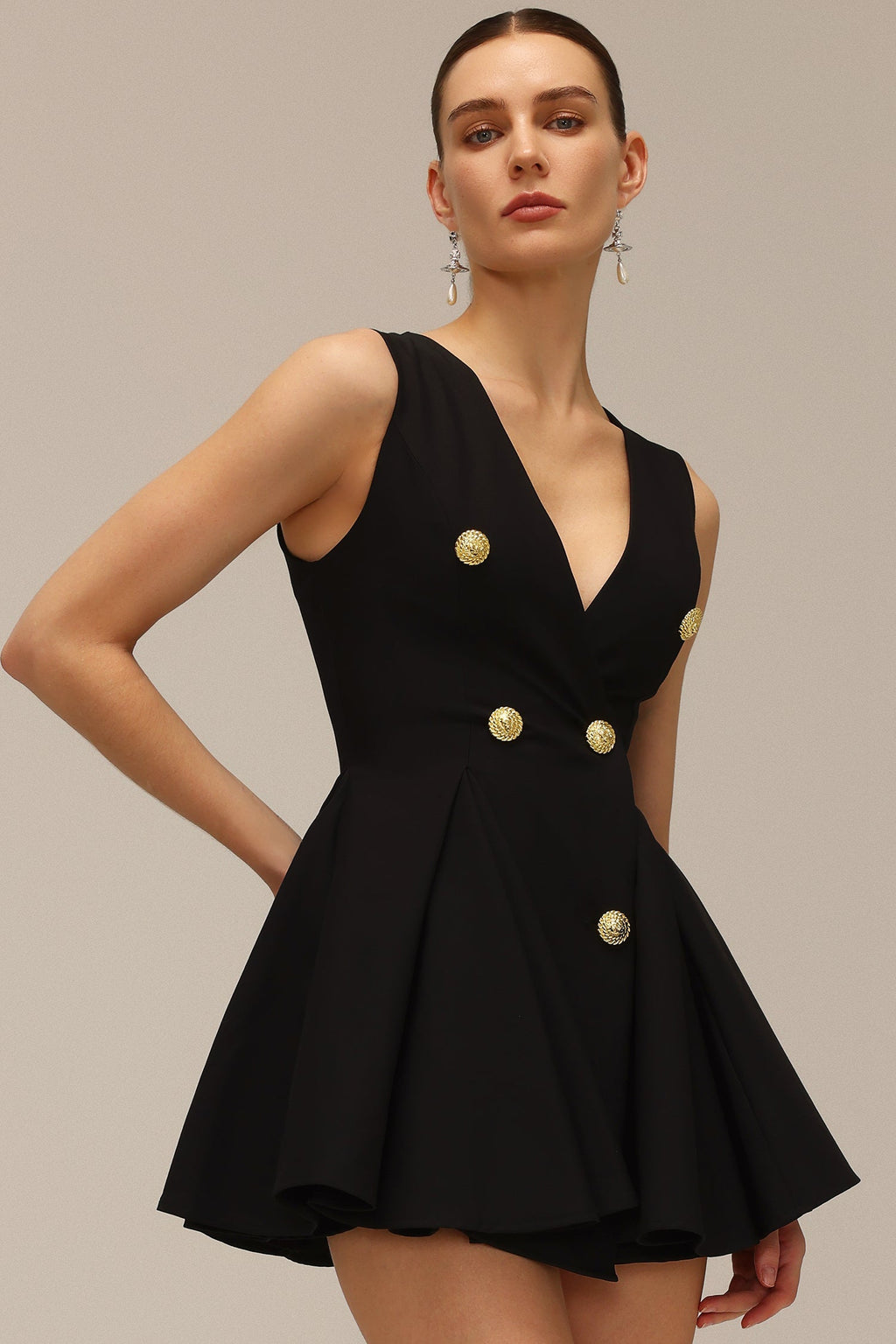 Savina Black Fit and Flare Dress with Dramatic Neckline and Button Detailing