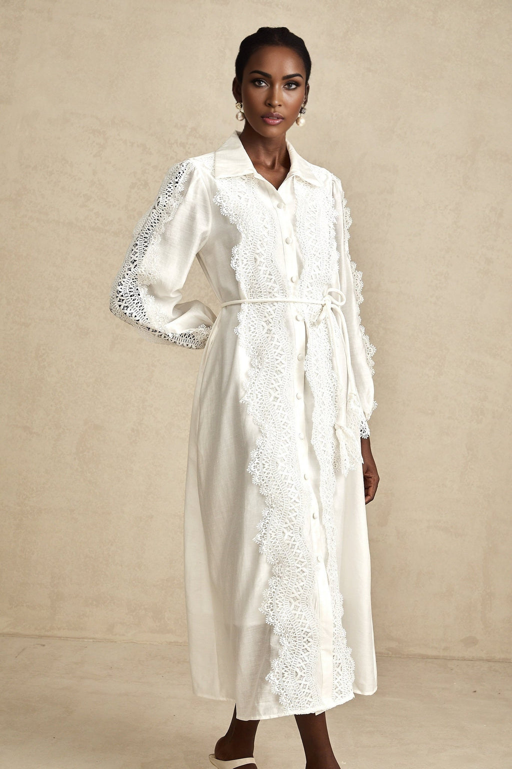 Savina Midi Dress White Lace Tied Waist Slit & Buttons