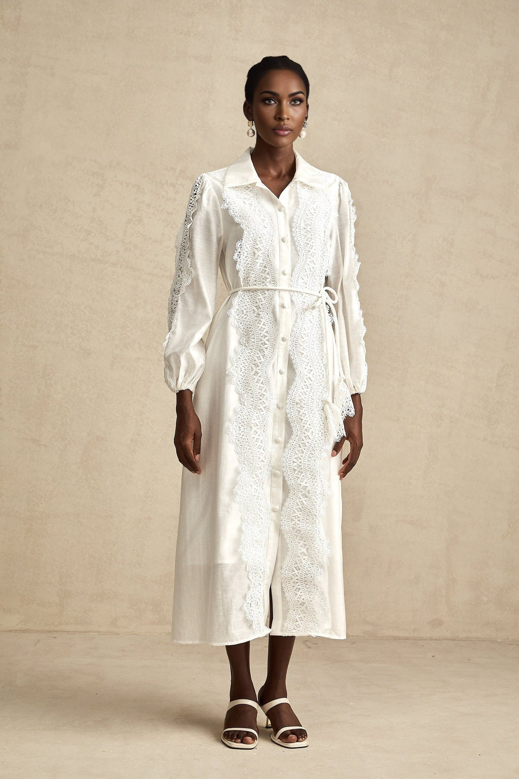 Savina Midi Dress White Lace Tied Waist Slit & Buttons