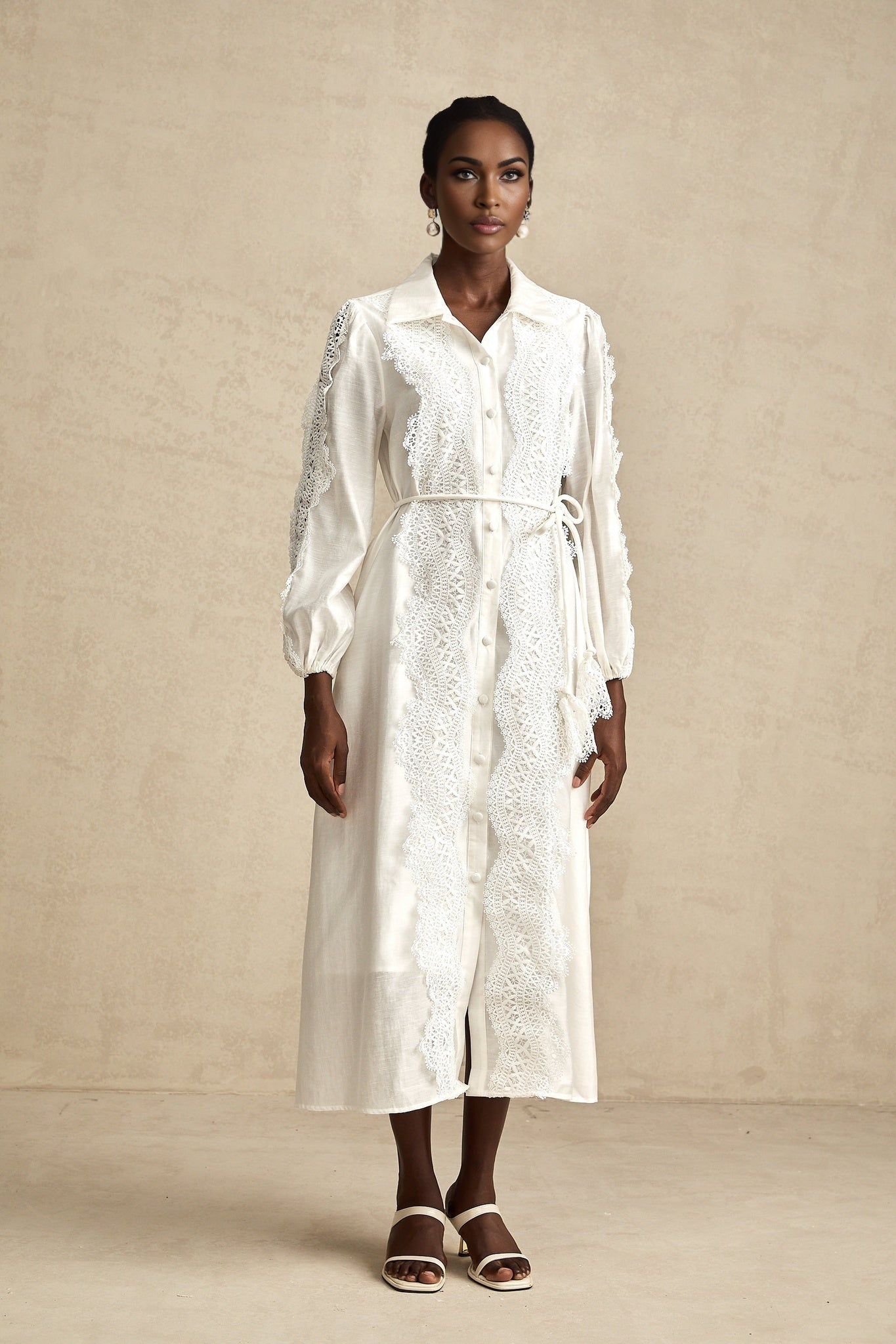 Savina Midi Dress White Lace Tied Waist Slit & Buttons