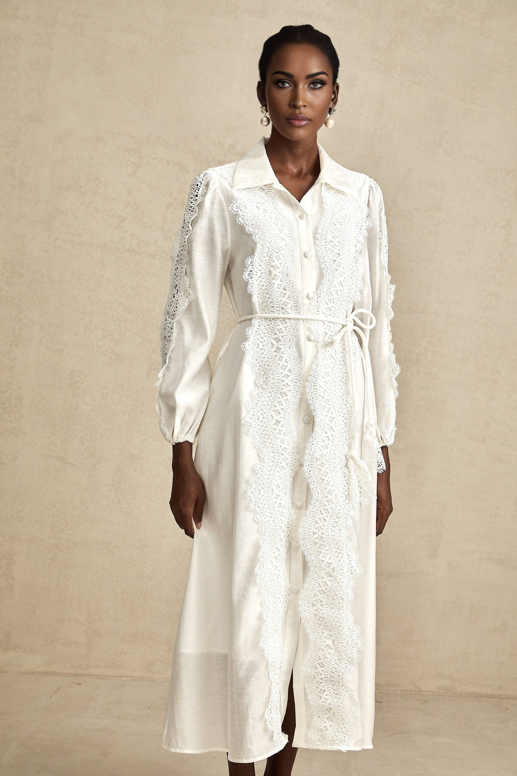 Savina Midi Dress White Lace Tied Waist Slit & Buttons