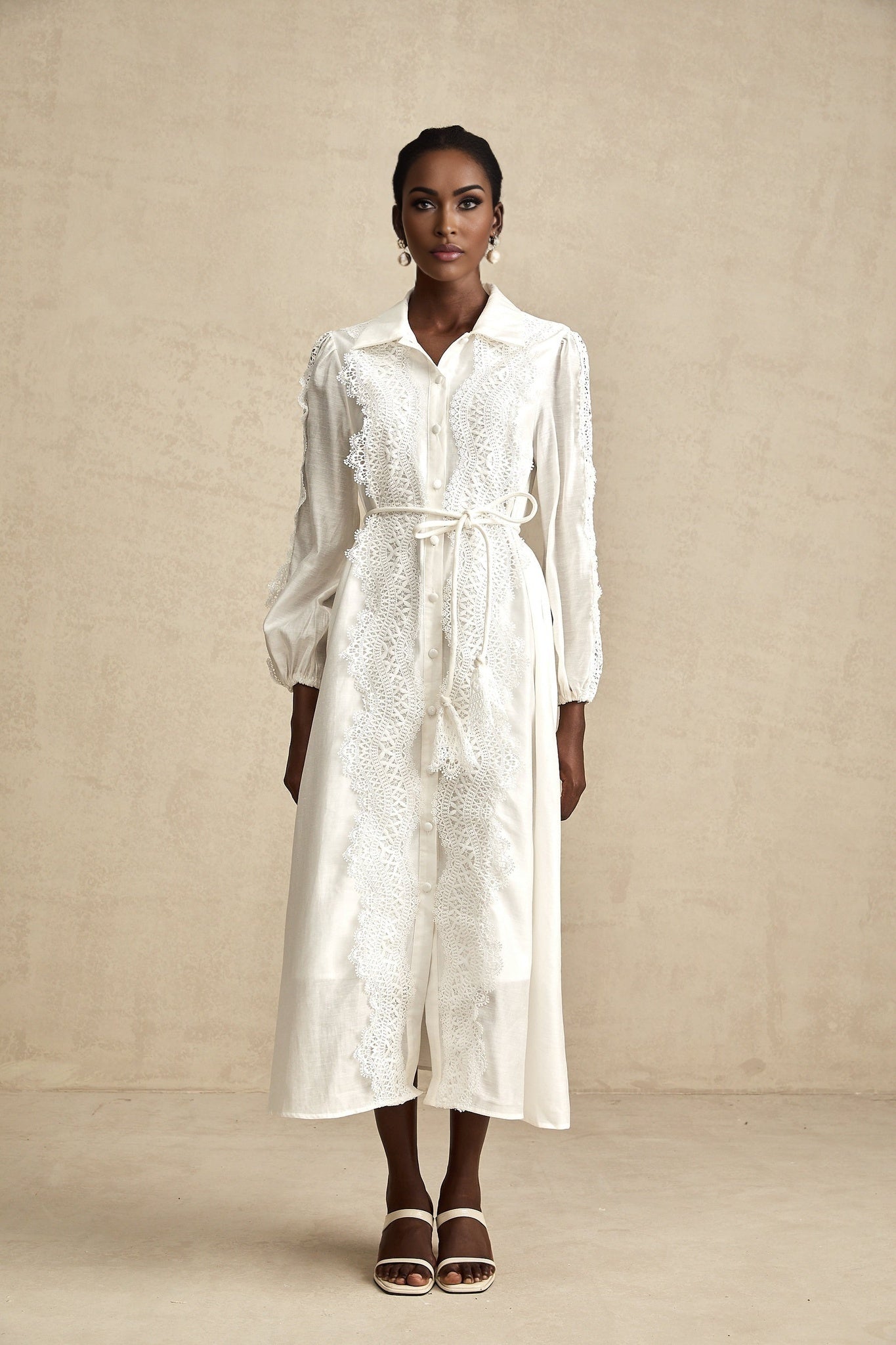 Savina Midi Dress White Lace Tied Waist Slit & Buttons